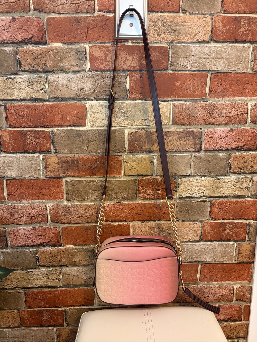 Compact Pink Crossbody Camera Bag with Chain Detail
